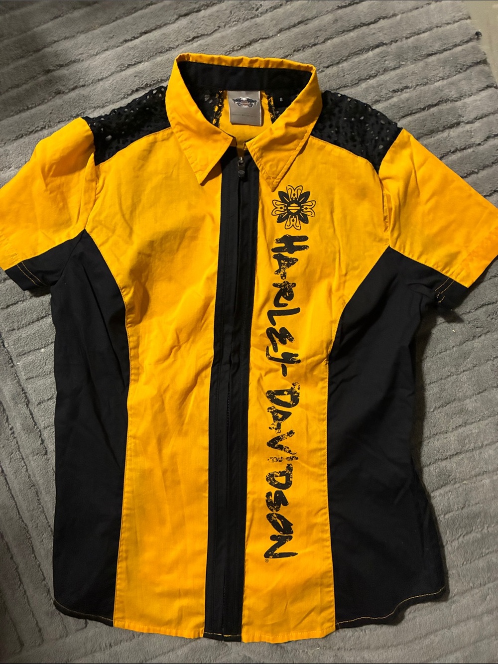 Harley-Davidson Yellow & Black Short Sleeve Zip Front Shirt